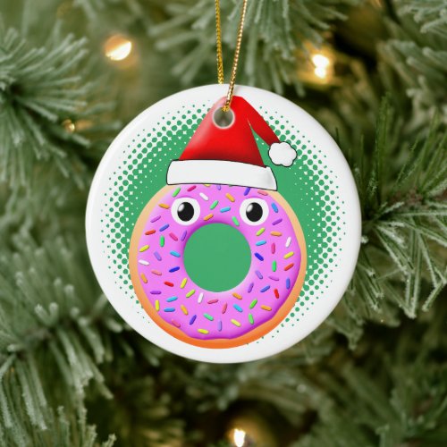 Donut With Eyes And Sprinkles Santas Hat Drawing Ceramic Ornament