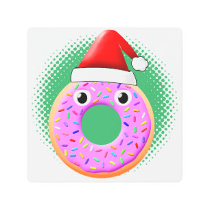 Donut With Eyes And Sprinkles Santas Hat Drawing Metal Print