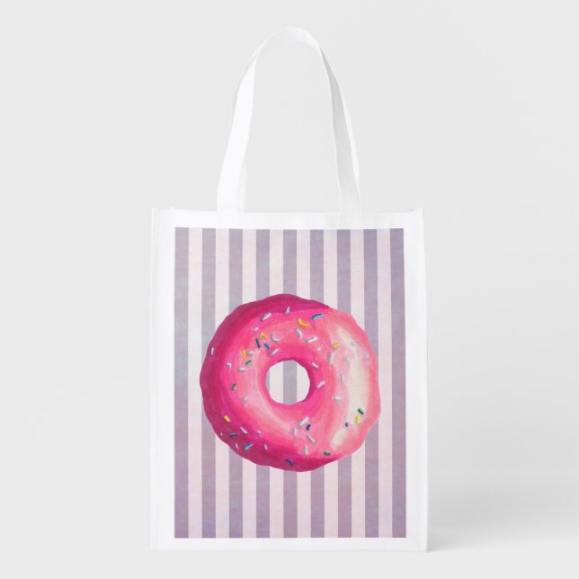Donut With Pink Frosting And Sprinkles Grocery Bag (Front)