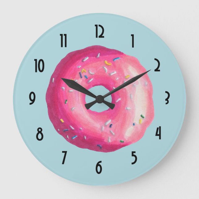 Donut With Pink Frosting And Sprinkles Large Clock (Front)