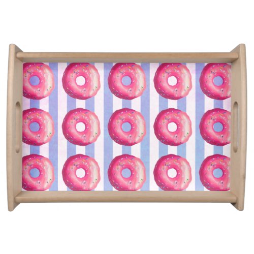Donut With Pink Frosting And Sprinkles On Stripes Serving Tray