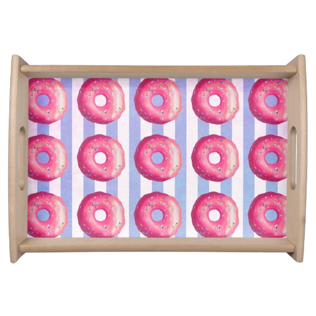Donut With Pink Frosting And Sprinkles On Stripes Serving Tray (Front)