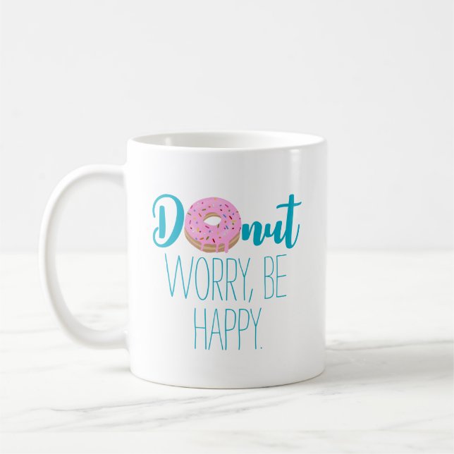Donut Worry Be Happy Blue Text Coffee Mug (Left)