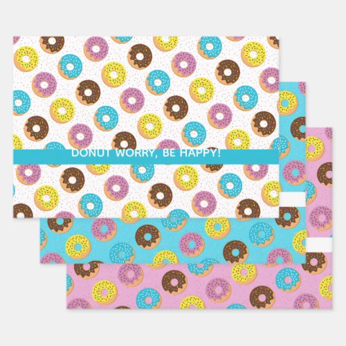 Donut worry be happy colorful fun word pun wrapping paper sheets
