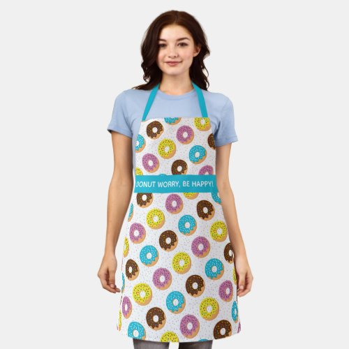 Donut worry be happy word pun colorful sprinkles apron