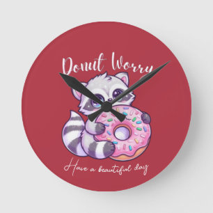 Donut Worry Cute Kawaii Raccoon Round Clock