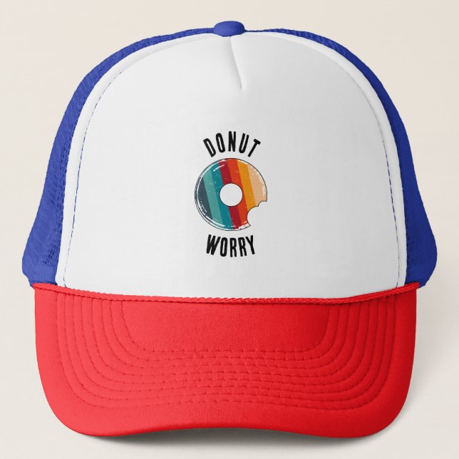 Donut Worry Red Blue Retro Rainbow Trucker Hat (Front)