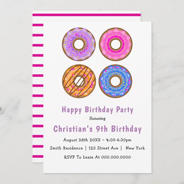 Donuts 9th Birthday Party Invitations (Front/Back)