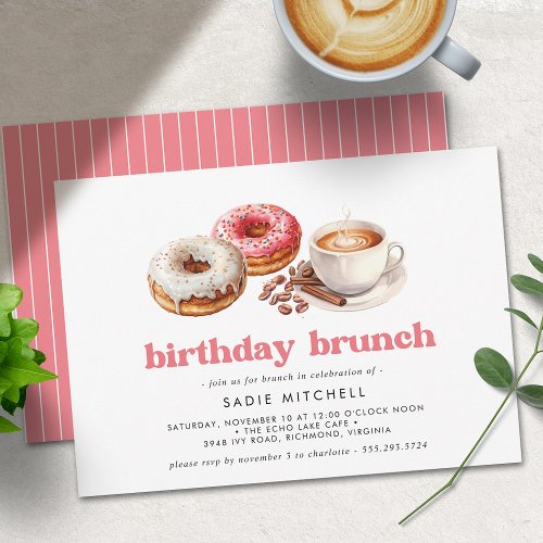 Donuts and Coffee  Cute Pink Birthday Brunch Invitation