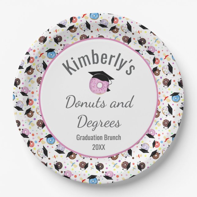 Donuts and Degrees Graduation Pattern Personalized Paper Plates (Front)