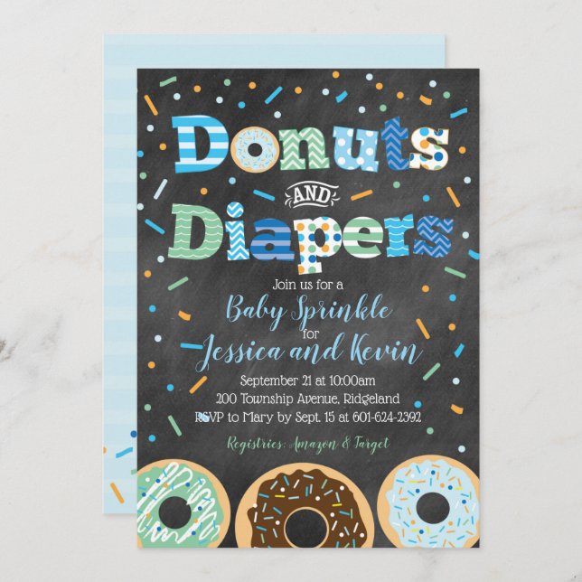 Donuts and Diapers Baby Boy Sprinkle Chalkboard Invitation (Front/Back)