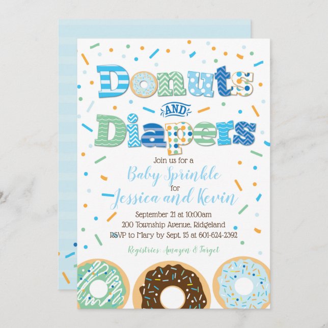 Donuts and Diapers Baby Boy Sprinkle or Shower Invitation (Front/Back)
