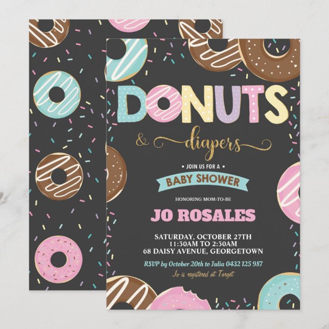 Donuts and Diapers Baby Girl Shower Donut Invitation (Front/Back)