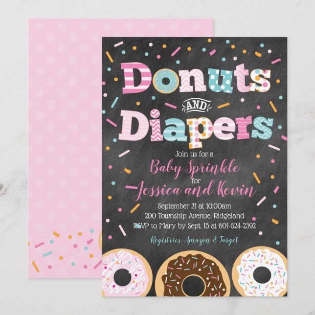 Donuts and Diapers Baby Girl Sprinkle or Shower Invitation (Front/Back)
