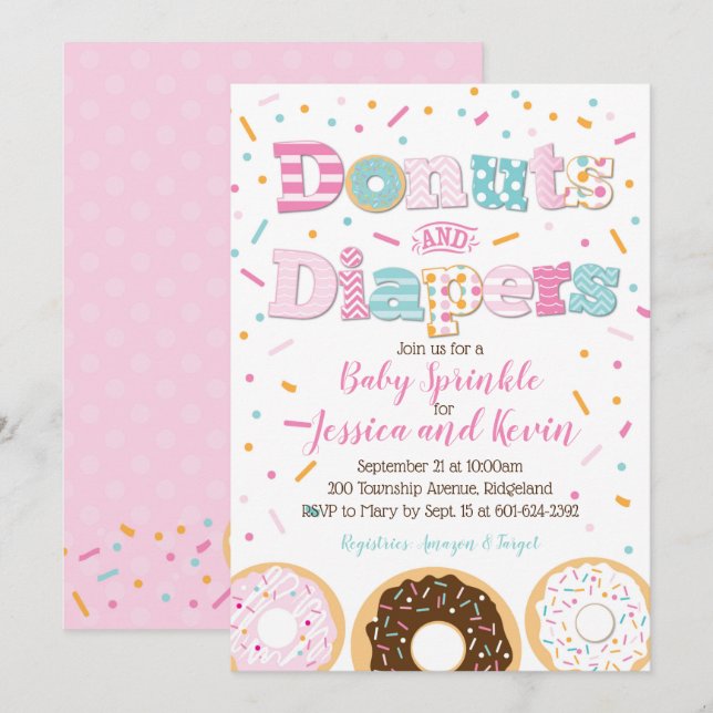 Donuts and Diapers Baby Girl Sprinkle or Shower Invitation (Front/Back)