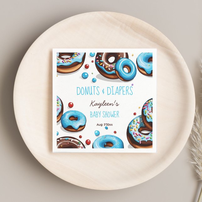 Donuts and diapers blue baby shower printed napkins (Donuts and diapers blue chocolate brown baby shower monogram printed napkins personalized table deco)