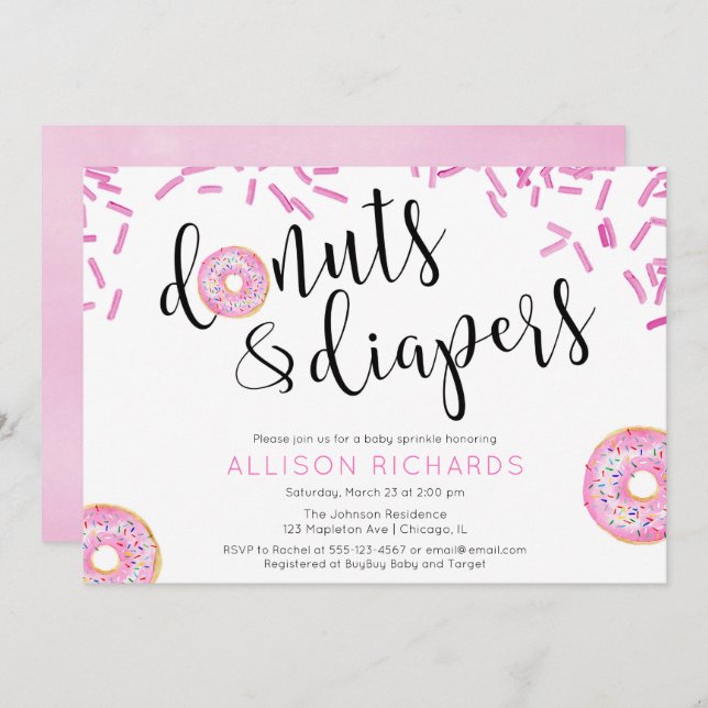 Donuts and diapers girl baby sprinkle invitation (Front/Back)