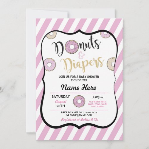 Donuts and Diapers Pink Girl Baby Shower Invite