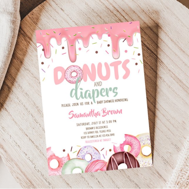 Donuts and Diapers Sprinkle Baby Shower  Invitation (Pink Donuts Girl Baby Shower Invitation)
