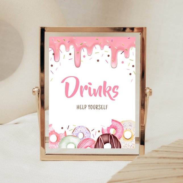 Donuts and Diapers Sprinkle Drinks Poster (Pink Donuts Girl Baby Shower Drinks Sign)