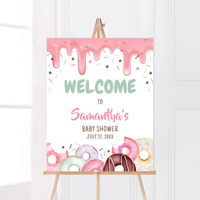 Donuts and Diapers Sprinkle Welcome Poster (Pink Donuts Girl Baby Shower Welcome Sign)