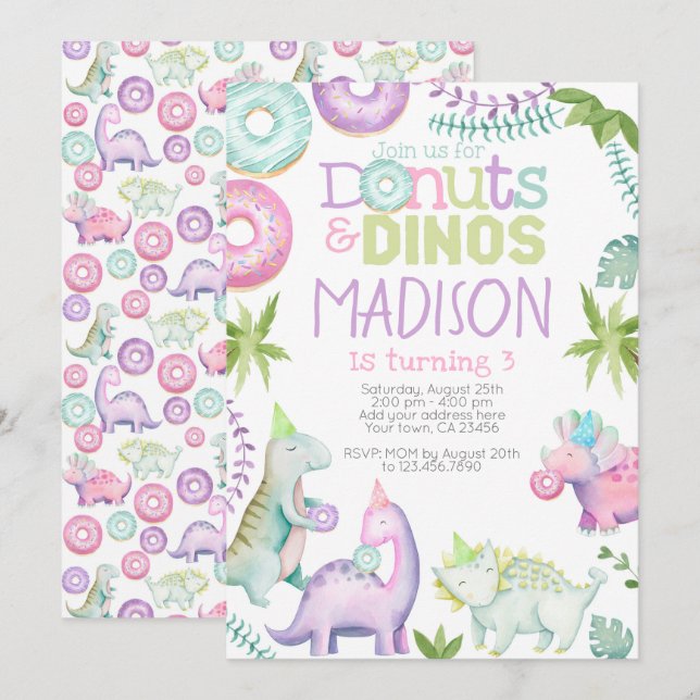 Donuts and Dinos Invitation (Pink & Lavender) (Front/Back)