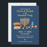 Donuts and Dreidels Hanukkah Holiday Party Invitation<br><div class="desc">Celebrate Chanukah with donuts and dreidels! This invitation highlights elements of a fun Hanukkah party including a menorah,  gelt,  dreidels,  challah,  and donuts (sufganiyot) against a rich blue background. The matching back features a Star of David pattern against blue. Available with matching products.</div>