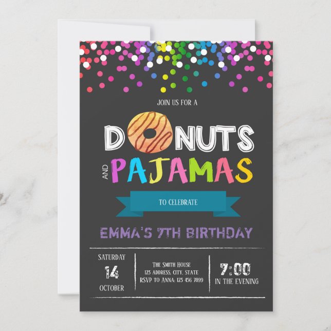 Donuts and pajamas birthday invitation (Front)