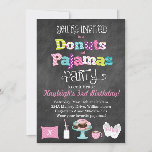 Donuts and Pajamas Chalkboard Style Invitation (Front)