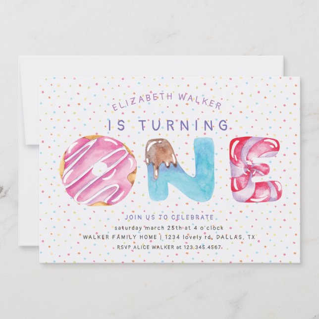 Donuts and Sprinkles first birthday invitation (Front)