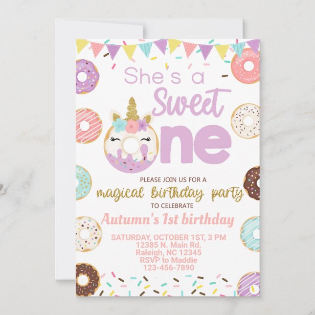 Donuts and unicorn girl birthday invitation. invitation (Front)