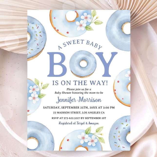 Donuts Baby Shower Boy Blue Gingham Invitation (Creator Uploaded)