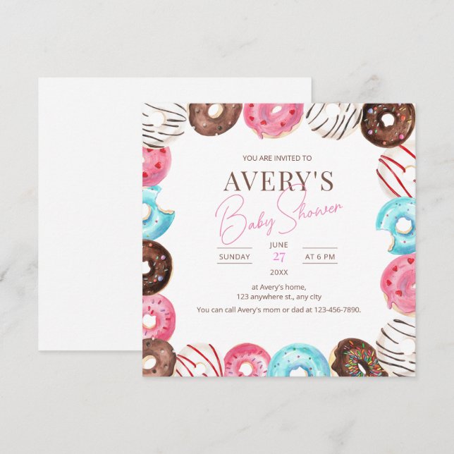 Donuts Baby Shower Invitation, Girl Baby Sprinkle  Invitation (Front/Back)