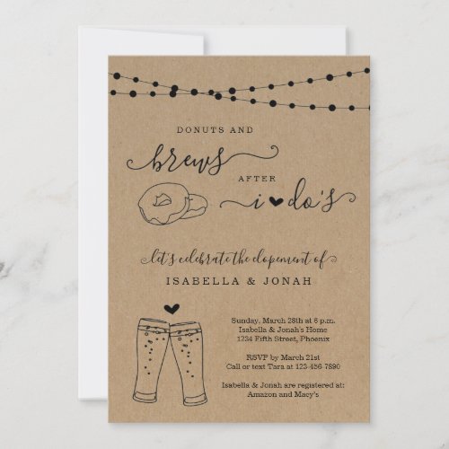 Donuts & Brew After I Dos Reception Only Elopement Invitation - Invitation features hand-drawn donuts and beer toast artwork on a wonderfully rustic kraft background.

Coordinating RSVP, Details, Registry, Thank You cards and other items are available in the 'Rustic Brewery Line Art' Collection within my store.
