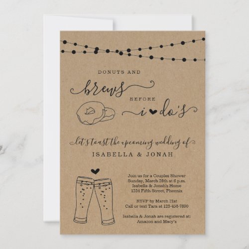 Donuts & Brews Before I Dos Couples Bridal Shower Invitation - Invitation features hand-drawn donuts and beer toast artwork on a wonderfully rustic kraft background for your bridal shower, couple's shower rehearsal dinner, or engagement party.

Coordinating RSVP, Details, Registry, Thank You cards and other items are available in the 'Rustic Brewery Line Art' Collection within my store.