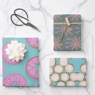 DONUTS CINNAMON SWIRLS and SKETCHY FLOWERS Wrapping Paper Sheets