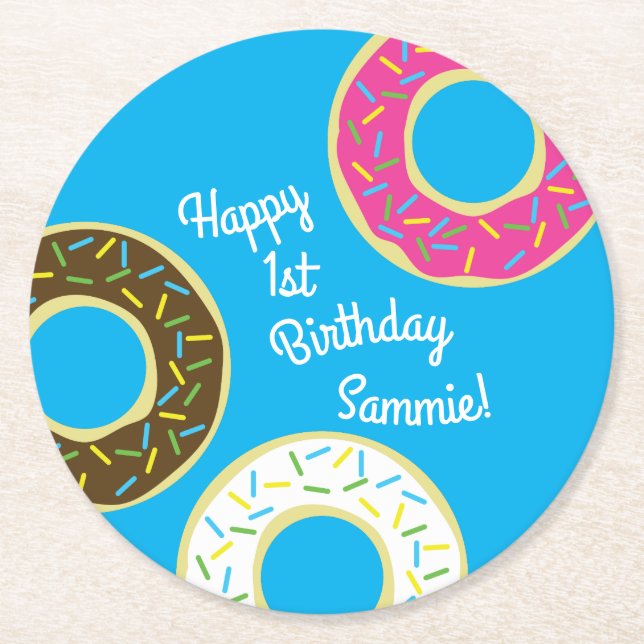 Donuts Colorful Doughnuts1st Birthday Party Theme Round Paper Coaster (Front)
