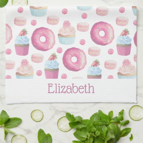 Donuts cupcakes and macarons kitchen towel