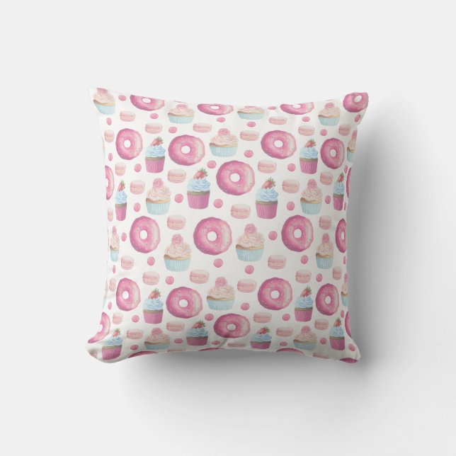 Donuts, cupcakes and macarons throw pillow (Front)