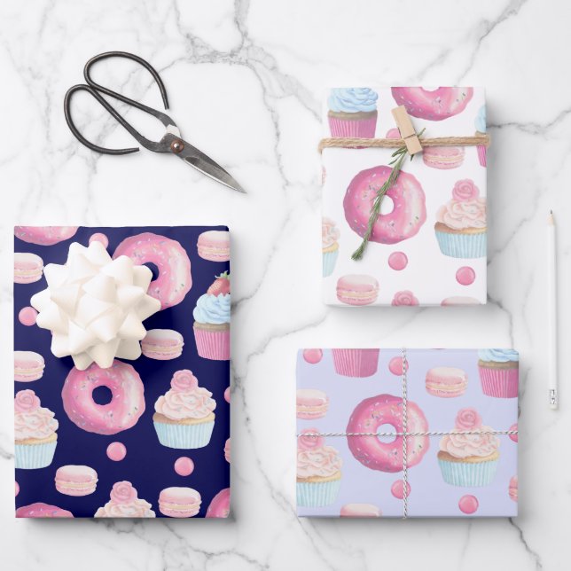Donuts, cupcakes and macarons wrapping paper sheets (Front)