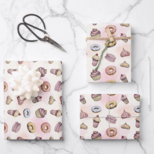 Donuts Cupcakes Cute Trendy Woodland Watercolor Wrapping Paper Sheets