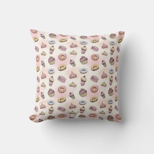 Donuts Cupcakes Pink Watercolor Whimsical Trendy Throw Pillow