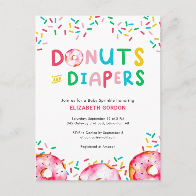 Donuts & Diapers Baby Sprinkle Cute Colorful Fun Postcard (Front)
