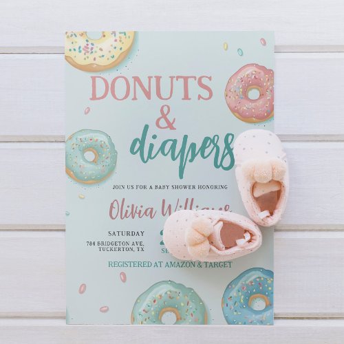 Donuts  Diapers Cute Mint Green Baby Shower Invitation