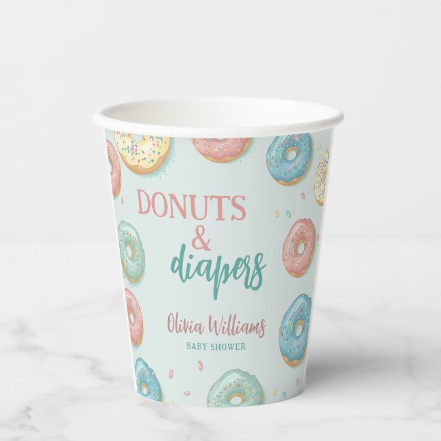 Donuts & Diapers Cute Mint Green Baby Shower Paper Cups (Front)