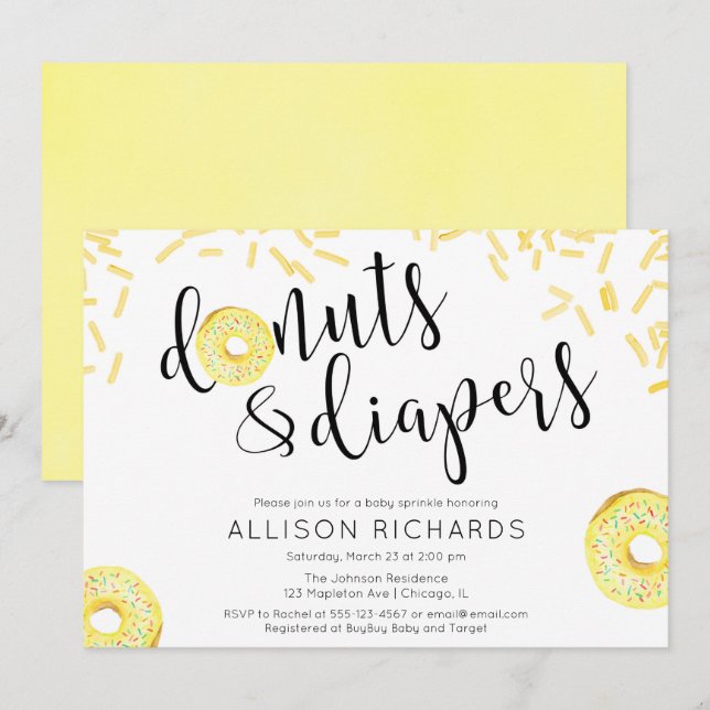Donuts diapers gender neutral yellow baby sprinkle invitation (Front/Back)