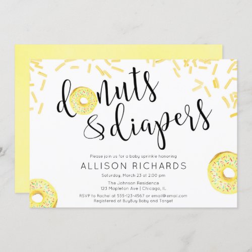 Donuts diapers gender neutral yellow baby sprinkle invitation