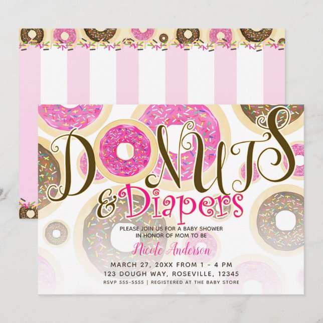 Donuts & Diapers Pink Sprinkles Baby Shower Invitation (Front/Back)