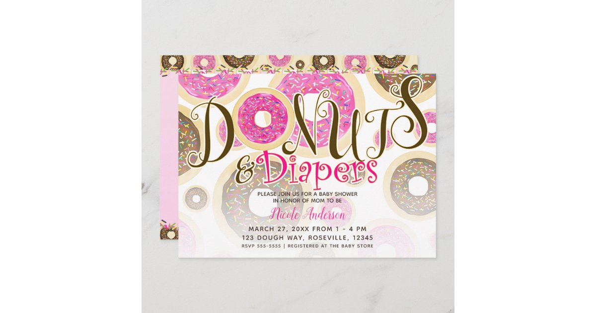 #61.0 Diapers and Donuts Girl Baby Shower Invite Invitation 5x7 Digital Personalized Baby Sprinkle Chocolate Glazed Sprinkles Cute Pink