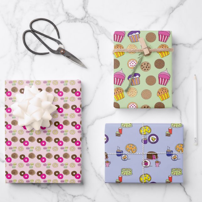 Donuts, doughnuts, cakes, pies, cupcakes wrapping paper sheets (Front)